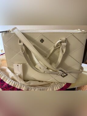 Tory Burch white Quilted double zip Crossbody Tote